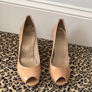 Elegant Tan Stuart Whitzman Peep-Toe Cork Wedge